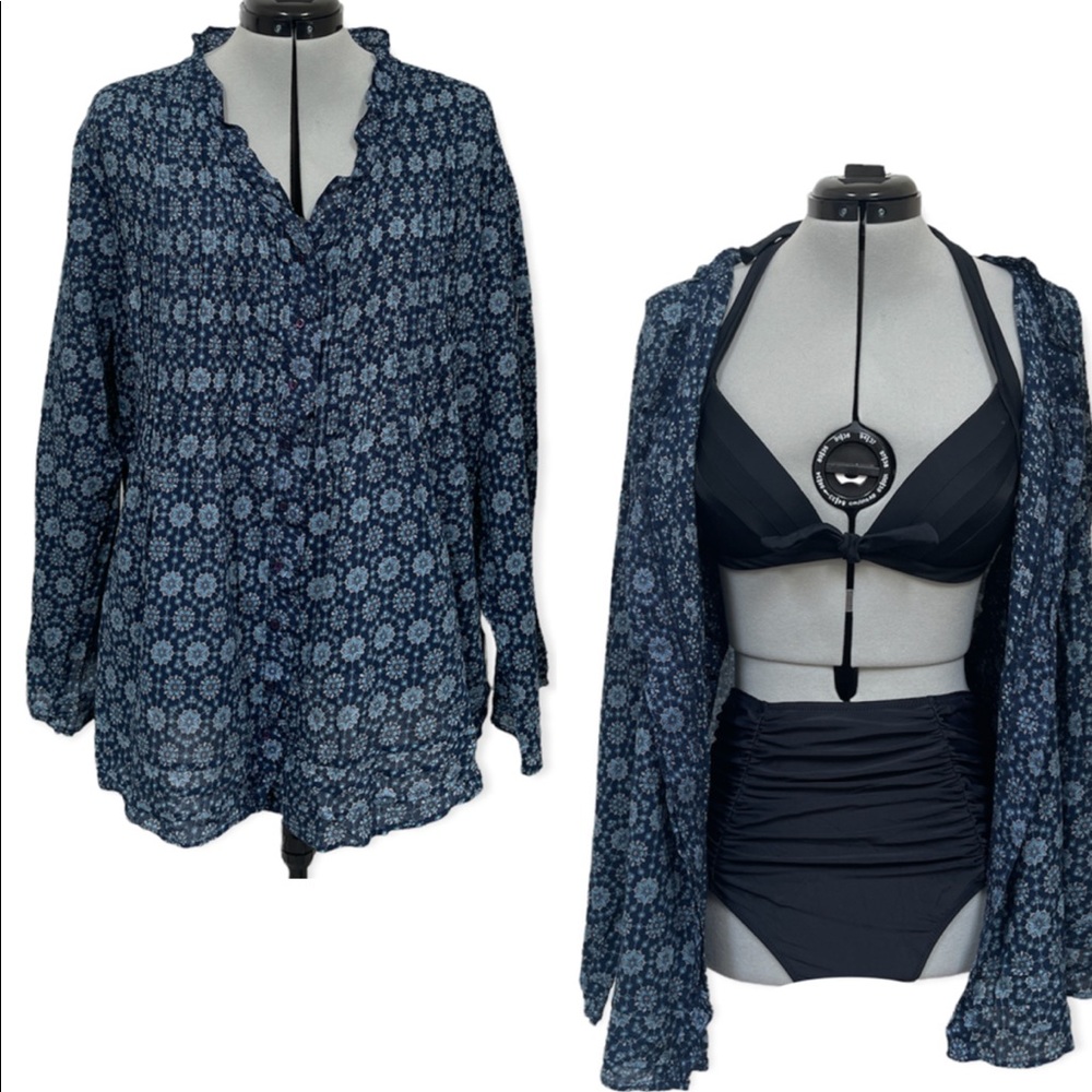 🐠Izod blue bell long sleeve button down tunic or beach cover-up